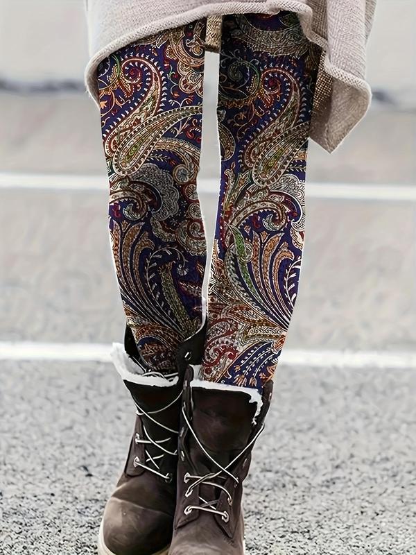 Plus Size Paisley Print Leggings, Boho Casual Comfy Elastic Waist Skinny Pants for Daily Holiday Vacation Wear, Women Plus Clothing for Summer Spring Fall